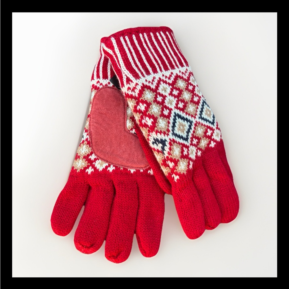 Isotoner Signature Red and White Argyle lined Knit Gloves, Women’s 1 size